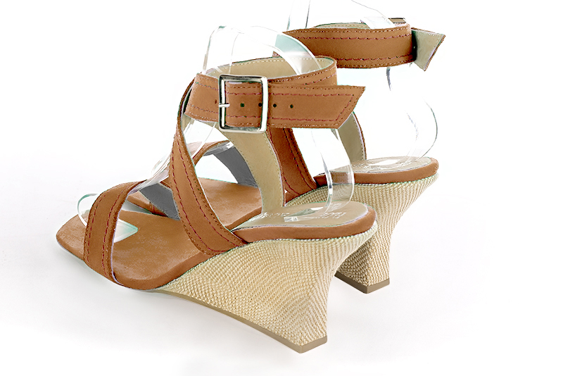 Camel beige women's fully open sandals, with crossed straps. Square toe. High wedge heels. Rear view - Florence KOOIJMAN